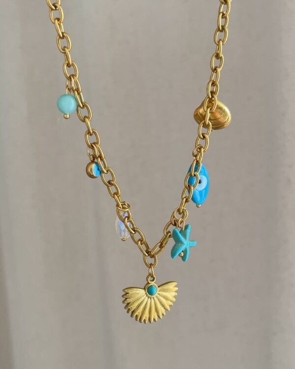 Çelik Mavi Taşlı Charmlı Kolye 42+6cm