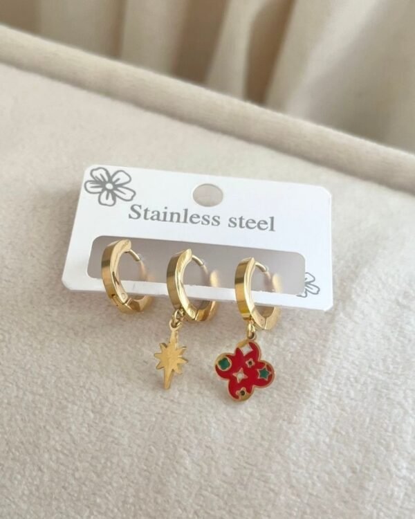 Çelik Kırmızı Yoncalı 3lü Set Küpe