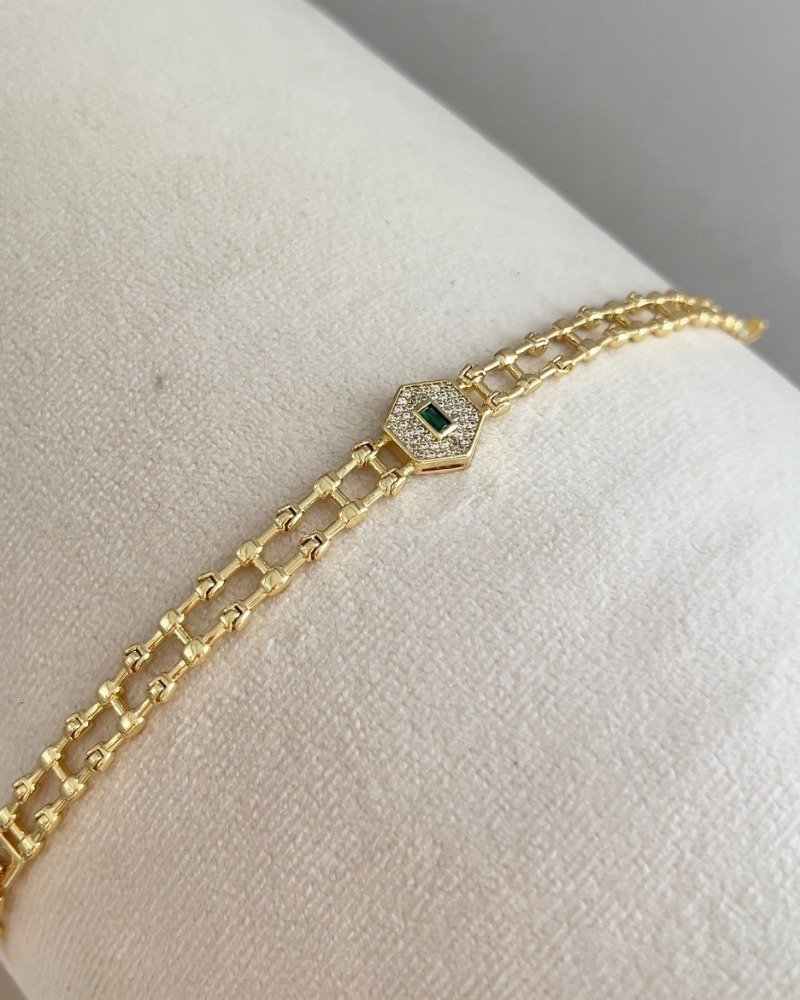 Altın Kaplama Yeşil Taşlı Bileklik 16+2cm