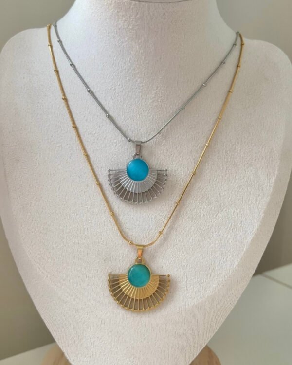 Çelik Yeşil Taşlı Yelpaze Kolye 42+6cm