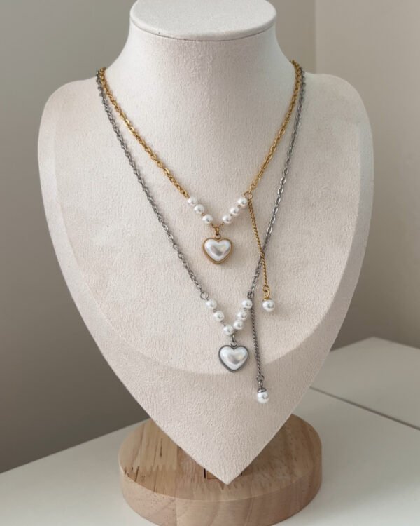 Çelik Kalpli İncili Kolye 42+5cm