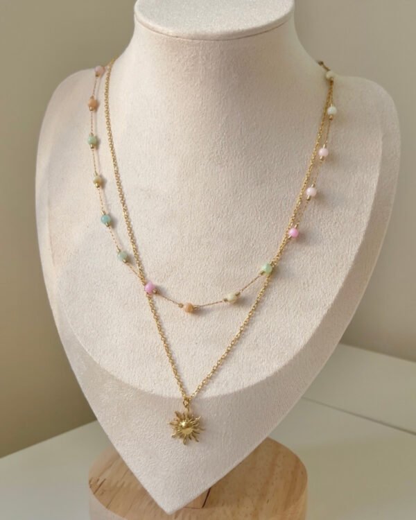 Çelik Renkli Taşlı Güneş Kolye 2li 42+6cm