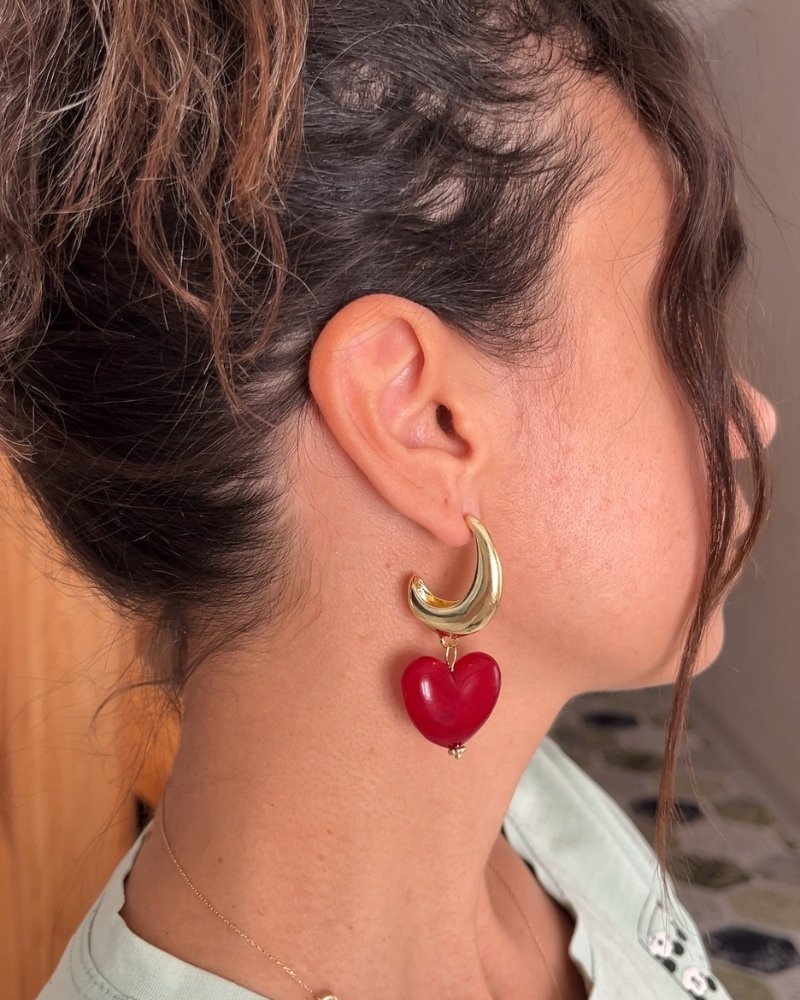 Altın Kaplama Büyük Kırmızı Kalpli Küpe - Görsel 2