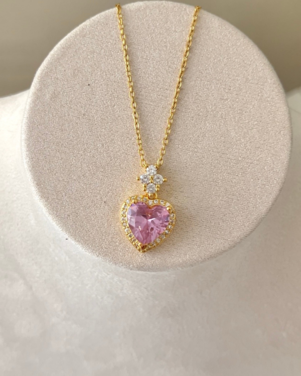 Çelik Pembe Taşlı Kalpli Kolye 42+6cm