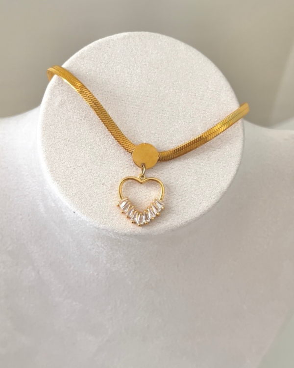 Çelik İtalyan Zincirli Kalpli Taşlı Kolye 42+6cm