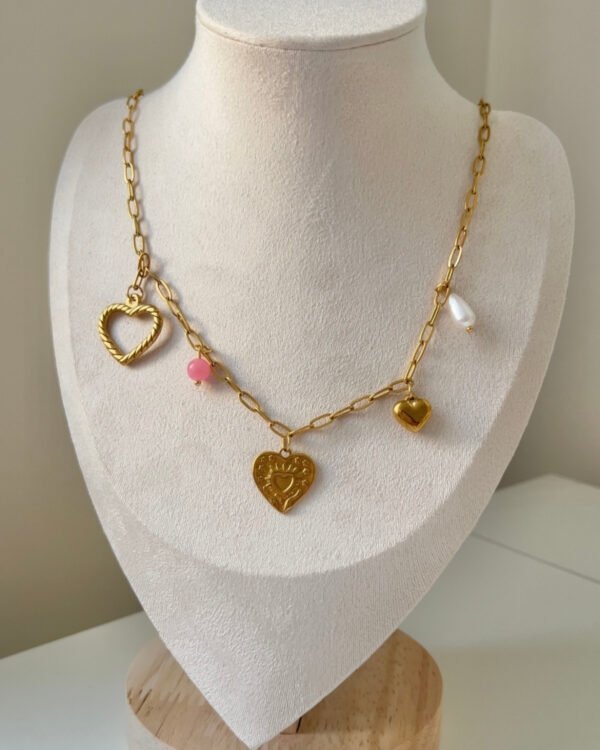 Çelik Charmlı Kalpli Kolye 42+6cm