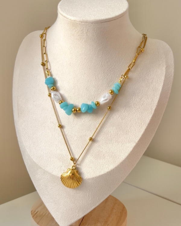 Çelik Mavi Taşlı Kolye 2li