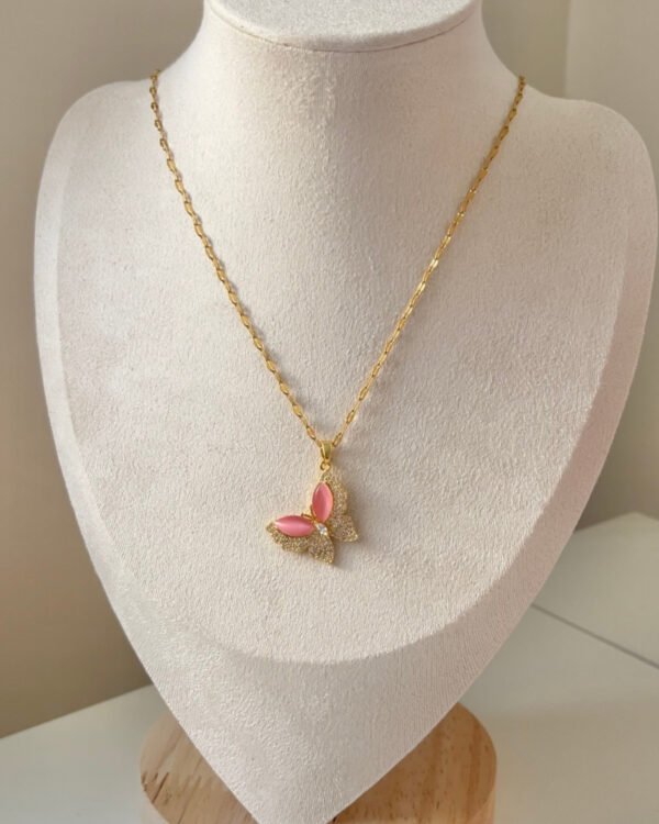 Çelik Kelebek Pembe Kolye 42+6cm